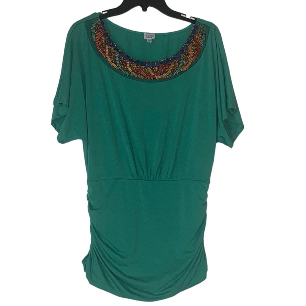 Charming Charlie Teal Green Knit Top Beaded Neckline Hip Rouching Size Medium
